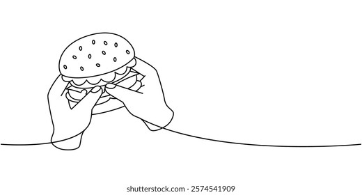 Two hands holding a hamburger one line continuous drawing. Traditional American fast food. Vector illustration.