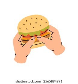 Two hands holding a hamburger. Traditional American fast food. Vector illustration.