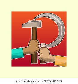 Two hands holding a hammer and sickle as a symbol of the world proletariat and a sign of the protection of workers' rights. Icon, emblem. Red background. Vector illustration