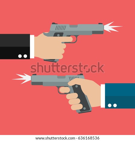 Two hands holding handguns. Business competition concept