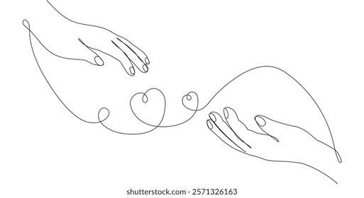 Two hands holding a heart in a continuous line art style. Hands of lovers reaching out to each other,