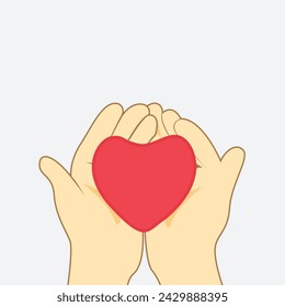 Two hands holding the heart. Drawn in a flat style vector.
