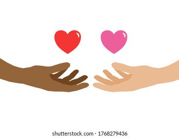 There’re two hands holding a heart in each hand. They’re different skin color and isolated white background. It’s followed All Lives Matter campaign. 