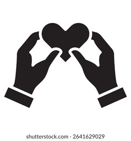 Two hands holding heart icon. Charity and donation icon. Icon symbol of fund raising, humanity, philanthropy, compassion, help, love, care. Vector illustration