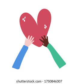 Zwei Hände, die ein Herz einzeln auf weißem Hintergrund halten. Unterstützen Sie jedes Rennposter. Concept for Black Lives Matter Kampagne. Doodle-Stil Illustration von Weiß & Afroamerikanern.