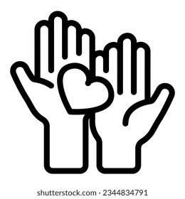 Dos manos sujetando el icono de la línea del corazón, el concepto de citas, pareja sostiene el signo del vector del corazón sobre el fondo blanco, el diseño de la web del icono del estilo del contorno móvil. Gráficos vectoriales.