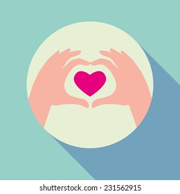 Two hands holding heart on blue background. Vector