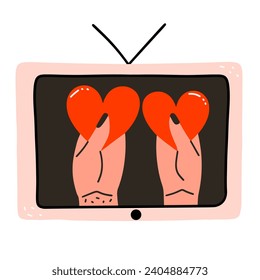 Two hands holding a heart on the TV. Romantic element 
for Happy Valentine's Day. Hand draw vector illustration.