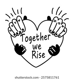 Two hands holding heart with text together we rise, glyph sticker 