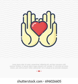Two hands holding heart thin line icon. Vector illustration for logo of charity, donation organization, symbol of help and love.
