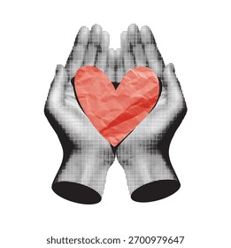 Zwei Hände, die ein Herz halten, eine modische Vektorcollage in Halbtönen. Konzeptionelle Ideen für Blutspende, Medizin, Herzgesundheit, Unterstützung und romantische Beziehungen. Valentinstag.