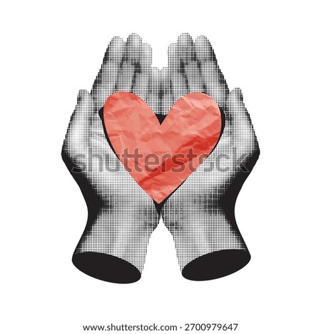 Two hands holding a heart, a trendy vector collage in halftones. Conceptual ideas for blood donation, medicine, heart health, support, and romantic relationships. Valentine's Day element.