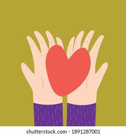 Two hands holding a heart vector cartoon illustration. View from above. Valentine's Day, love, relationships. Charity Symbol