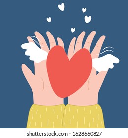 Two hands holding a heart with wings vector cartoon illustration.Top view. Valentine's day, love, relationship. Charity symbol.