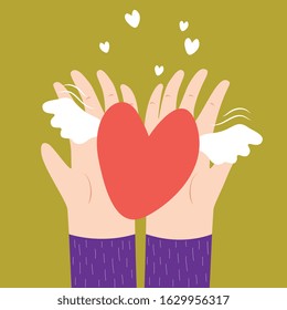 Two hands holding a heart with wings vector cartoon illustration.Top view. Valentine's day, love, relationship. Charity symbol.