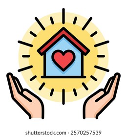 Two hands holding a home with a heart, symbolizing shelter, charity, care, and protection. Perfect for housing aid, social services, nonprofit organizations, and humanitarian support