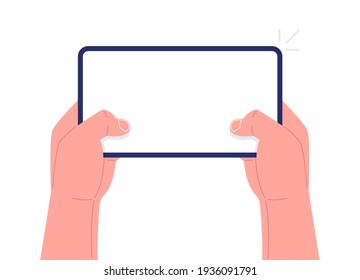 Dos manos sujetando horizontalmente el smartphone aislados. Concepto de juego móvil. Tragedia para el diseño de tu aplicación. Vector.