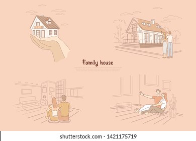 Two hands holding house metaphor, young couple looking at future home, newlyweds sitting in house together banner