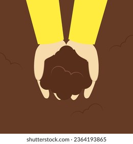 Two hands holding a human brain. Vector illustration in flat style.