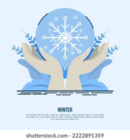 Two hands holding ice or snow ball. Cozy winter illustration. snowy background. Vector flat cartoon illustration. Digitally hand drawn.