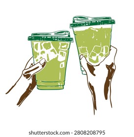 Two hands holding iced matcha latte drinks in clear plastic takeaway cups with lids and straws. Modern green tea beverage concept perfect for cafe, summer refreshment, and lifestyle designs.