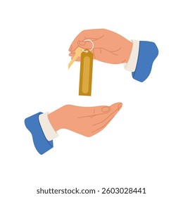 Two hands holding a key and a tag