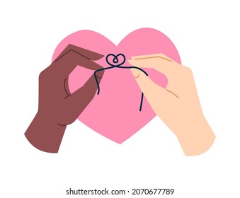 Two hands holding the knot in a form of a heart. Simple flat illustration for wedding and dating apps. Banner and website concept for love and friendship.