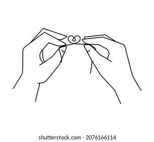 Two hands holding the knot in a form of a heart. Simple linear illustration for wedding and dating apps. Banner and website concept for love and friendship.