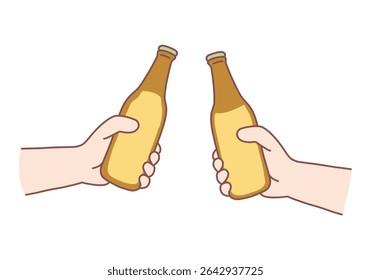Duas mãos segurando garrafas de cerveja grandes e clinking juntos. Amigável anima-se e brindes e relaxamento ou estilo de vida de recreação. Beba, lazer, álcool, conceito de celebração. Vetor de estilo desenhado à mão