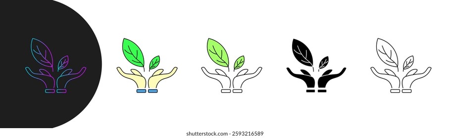 Two hands holding a leaf icon, symbolizing sustainability, environmental awareness, growth, and ecological consciousness. Features variations, gradients, colored, minimalist, solid, and outlines.