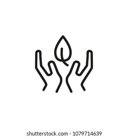 Two hands holding leaf line icon. Nature, organic, green. Volunteering concept. Can be used for topics like environment protection, ecology, support