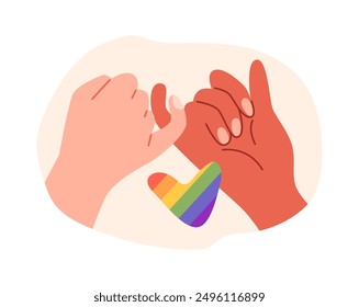 Two hands holding little fingers on the background of a rainbow flag heart symbolize the unity of the LGBT community Vector illustration on a white background.