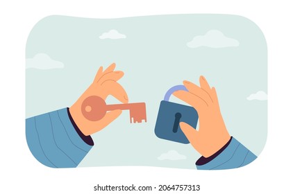 Two hands holding lock and key. Property owner or love metaphor flat vector illustration. Safety, privacy and security system concept for banner, website design or landing web page