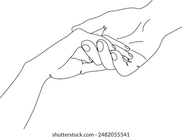Two hands holding a man and a woman together, line drawing. Concept of romantic relationship, support, help, promise, reconciliation. Without artificial intelligencel