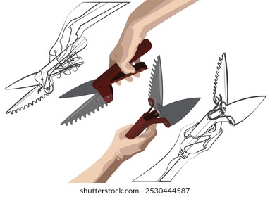 Duas mãos segurando tesouras de grama manual e esboço de linha escura isolado no fundo branco.