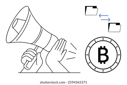 Two hands holding a megaphone, two files with arrows between them, Bitcoin symbol. Ideal for cryptocurrency marketing, digital finance, electronic transactions, file sharing, fintech education