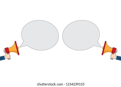 Two hands holding megaphones opposite each other. Vector illustration.