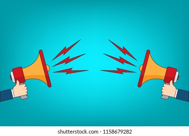 Two hands holding megaphones opposite each other. EPS10 Vector illustration.