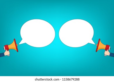 Two hands holding megaphones opposite each other. EPS10 Vector illustration.