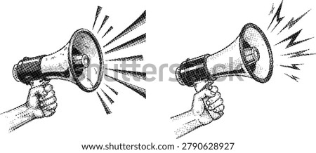 Two hands holding megaphones with sound waves emitting loudly outside