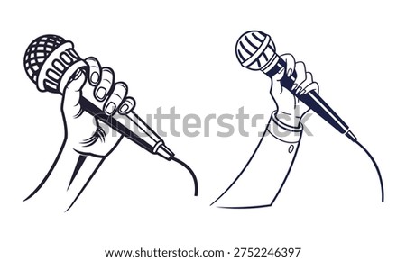 Two hands holding microphones in different grip styles for speaking or singing