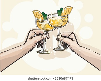 two hands holding mimosa cheers summer drink orange juice and champagne vector illustration cellebration