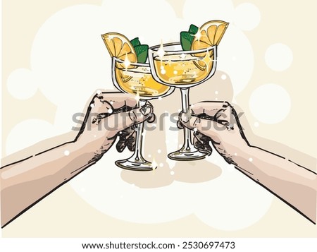 two hands holding mimosa cheers summer drink orange juice and champagne vector illustration cellebration