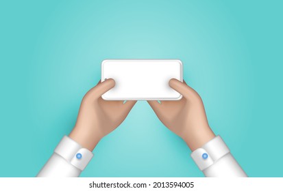 Dos manos con el móvil. Escribe mensajes en tu smartphone. Juega juegos en tu equipo móvil. Ilustración aislada y lugar para insertar imagen. Camionetas. 3.ª ilustración empresarial de vectores web 