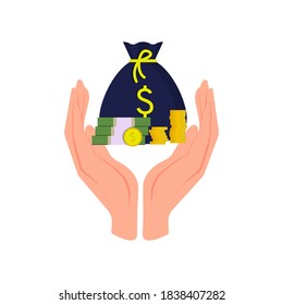 Two hands are holding money above them, a bag with a dollar sign, banknotes, coins. Vector illustration, flat cartoon color design, isolated on white background, eps 10. Concept: savings, inheritance.