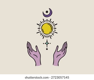 Duas mãos segurando sol lua e símbolos de estrela, cosmos sagrado, mão desenhada. Ilustração vetorial.