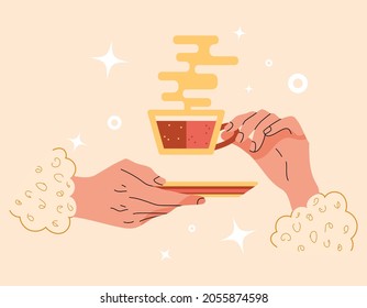 Two hands holding mug of hot tea and saucer. Concept for rules of etiquette at the table or at formal reception. Good manners or behavior at tea party or meeting. Vector illustration on isolated color