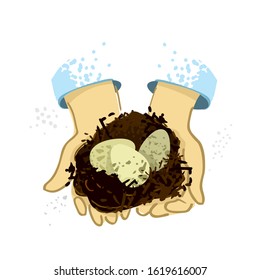 Two hands holding a nest with eggs drawn by hand on a white background. Banner's concept of caring for nature, taking care of animals and birds. Poster for pet stores and zoos. Vector illustration.