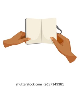 Zwei Hände, die ein offenes, leeres Notizbuch halten, flache Grafik, einzeln auf weißem Hintergrund. Konzept der Kreativität, Planung oder Schreiben. Vektorgrafik