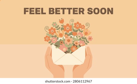 Two hands holding open envelope filled with cheerful orange flowers with text greeting message saying feel better soon.
